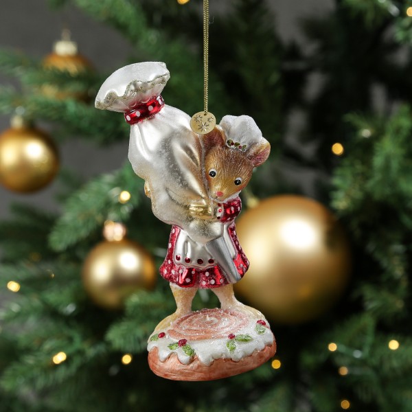 Weihnachtsbaumschmuck Mäuschen mit Spritzbeutel - Christbaumschmuck - Glas - H: 14cm - rot