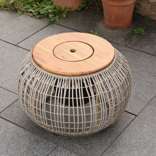 Garten Beistelltisch - integrierter Behälter - Kunststoffseil - H: 37cm - D: 58cm - beige