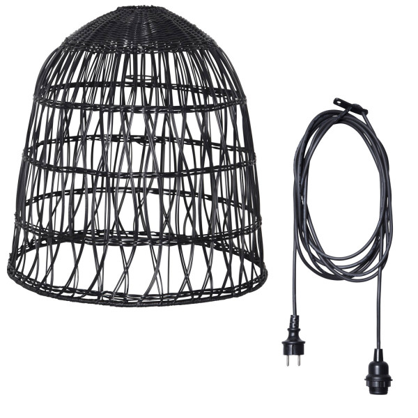 Lampenschirm BELL wetterfest - Rattan-Optik - mit E27 Kabelfassung - D: 48cm/H: 50cm - schwarz