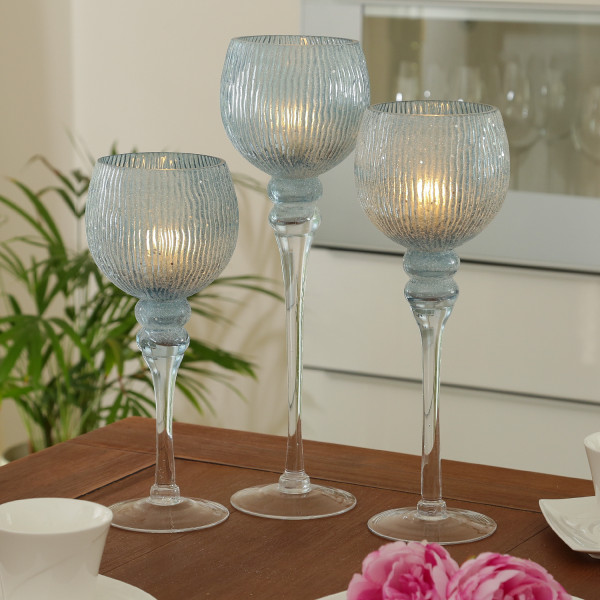 Kerzenhalter Kelch - Windlicht - Glas - H: 30,5cm/34,5cm/40cm - glitzernd - blau - 3er Set