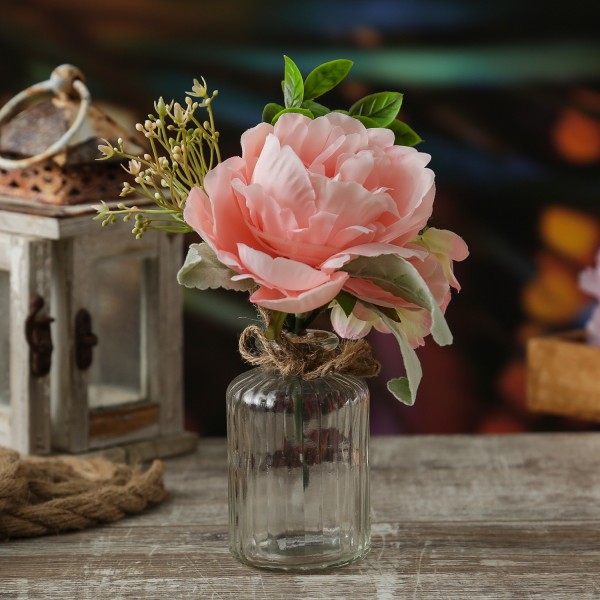 Kunstblumenstrauß in Mini Glasvase - Pfingstrose und Hortensie in Blumenvase - H: 20cm - rosa