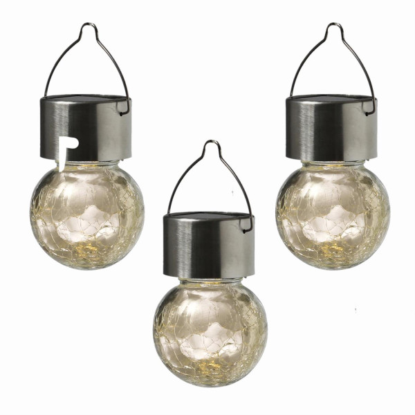 LED Solar Hängelampe CRACKLE - gebrochenes Glas - warmweiße LED - H: 10cm - Sensor - 3er Set