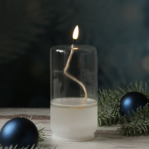 LED Kerze im Glas - Öllampe mit Flüssigwachs Optik - flackernde 3D Flamme - Timer - H: 17,5cm - rund