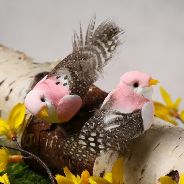 Mini Deko Vögel - mit Federn und Klammer - Schaumstoff - H: 2,5cm - rosa - 2 Stück
