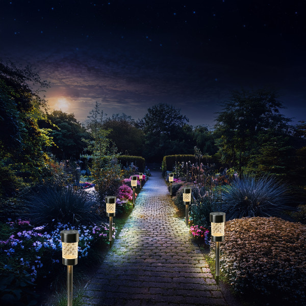 LED Solar Wegleuchten mit Erdspieß - Edelstahl - warmweiße LED - H: 15cm - silber - 10er Set