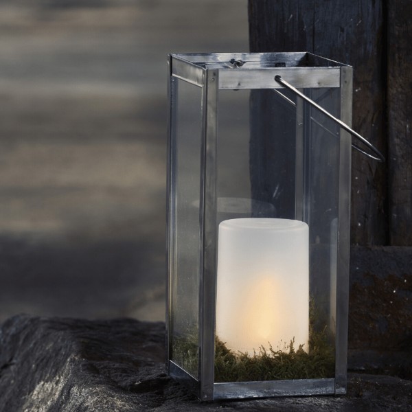 LED Windlicht FLAMME - simuliert brennende Flamme - H: 14,5cm, D: 9cm - Timer - gefrostet - outdoor