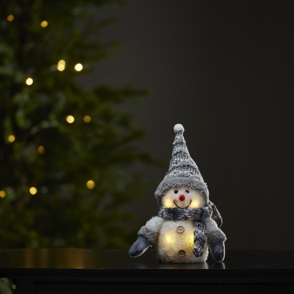 LED Stoff Figur Schneemann - graue Mütze & Schal - 4 warmweiße LED - H: 25cm - Batteriebetrieb