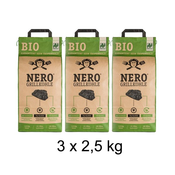 NERO BIO Grill-Holzkohle - 3 x 2,5kg Sack - Garantiert ohne Tropenholz - Holz aus Deutschland