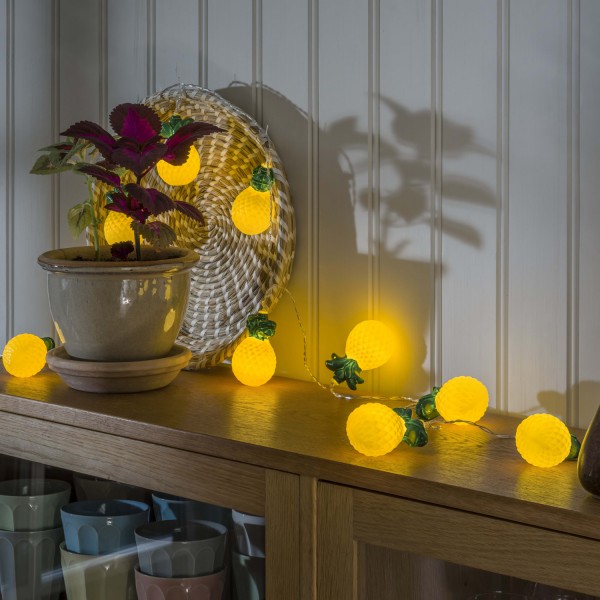 LED Lichterkette Ananas - 10 warmweiße LED - Timer - Batterie - L: 1,80m - gelb, grün