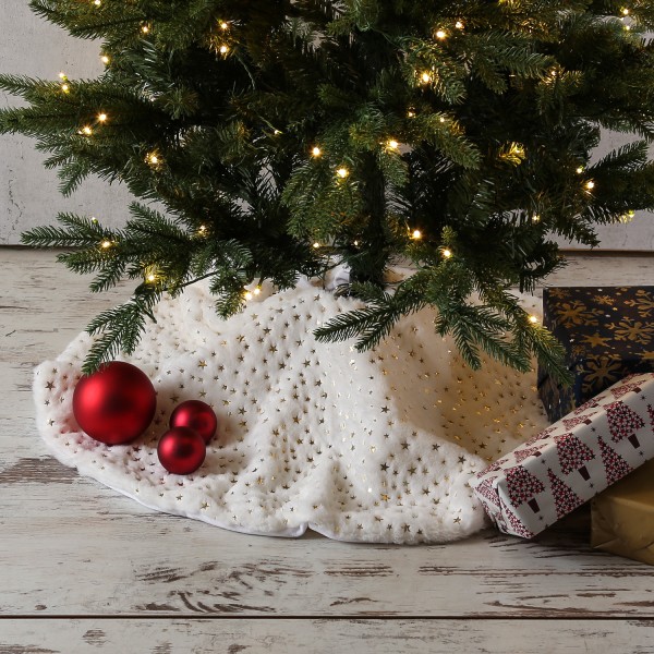 Weihnachtsbaumdecke Sterne - Baumteppich - Polyester - D: 90cm - rund - weiß, gold