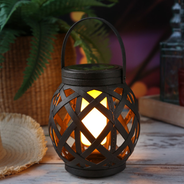 LED Solar Laterne mit Flammeneffekt - flackernde LED - H: 16cm - D: 14,5cm - für Außen - schwarz