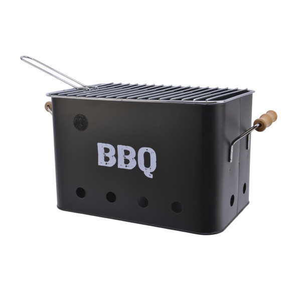 Mini Box Grill - Kohlegrill - Höhe 21cm - inkl. Grillrost - Holztragegriffe - Metall - schwarz