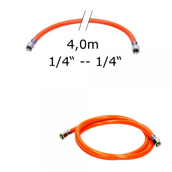 Gasschlauch 4,0m - Mitteldruck orange 6,3x3,5mm; Gewebeeinlage - 1/4" auf 1/4" Überwurfmutter