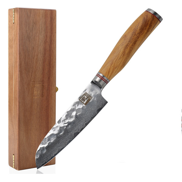 ZAYIKO Damastmesser "OLIVE kleines Santoku" - 12cm Klinge - Griff: Olivenholz - VG-10 Stahlkern