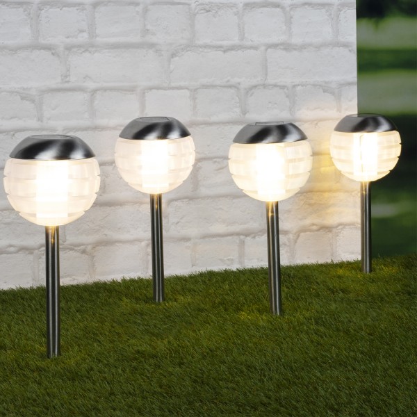 LED Solar Wegleuchten - Gartenleuchte - warmweiße LED - H: 32cm - Erdspieß - silber - 4er Set