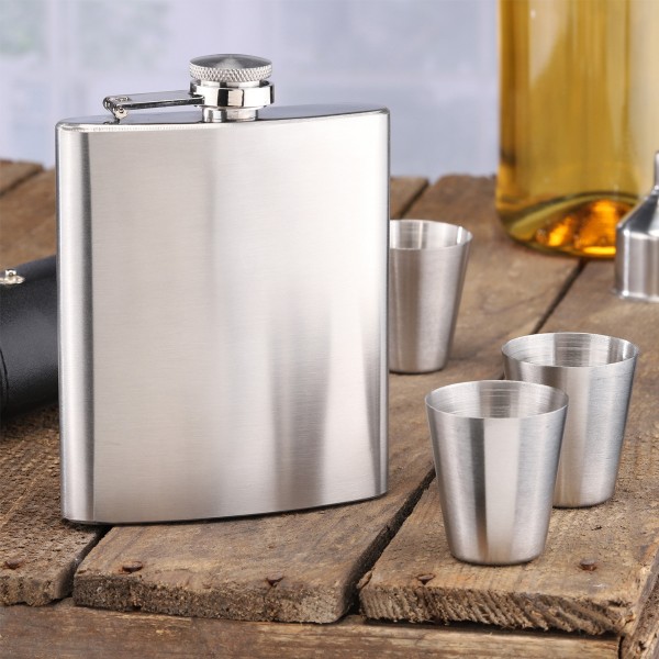 Flachmann Set - 7teilig - aus rostfreiem Edelstahl - Inkl. Becher und Trichter