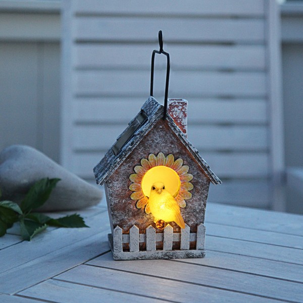 LED Solar Deko Vogelhaus - 2 warmweiße LED - H: 16cm - Dämmerungssensor - outdoor