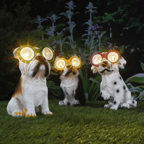 LED Solar Leuchte Hund Rocky - warmweiße LED - H: 20cm - Gelbe Brille