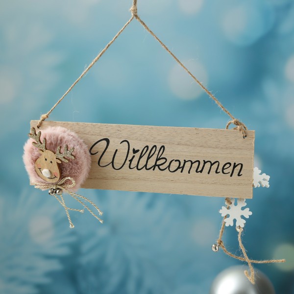 Willkommensschild Rentier mit kleinen Glocken - Türschild - Holz - hängend - L: 28cm - natur, rosa