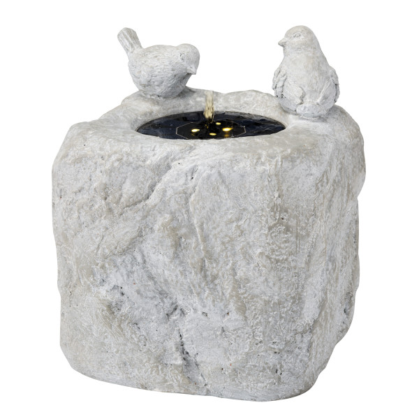 LED Solar Brunnen - Gartenbrunnen mit Vögelchen - GRC Beton - 4 warmweiße LED - H: 34cm - grau