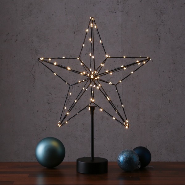 LED Stern - 3D Leuchtstern - Metallstern - 90 warmweiße LED - H: 50cm - Batterie - Timer - schwarz
