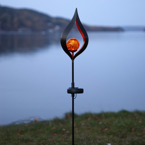 LED Solarstab FLAMME - schwarz - amber LED - Glaskugel in Flamme - H: 70cm - Dämmerungssensor