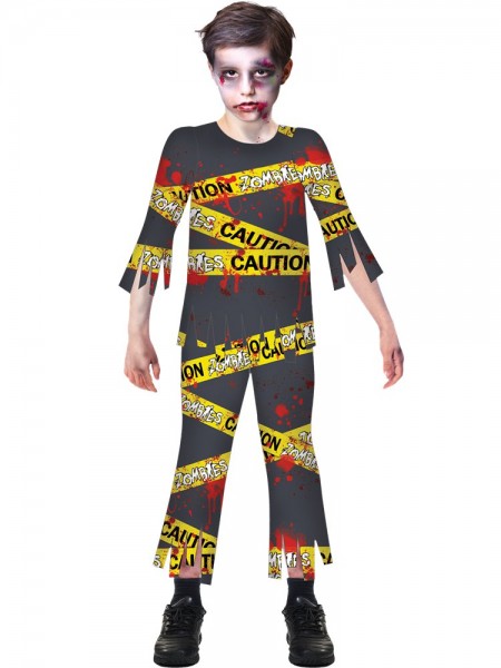 Halloween Zombie Kostüm - "CAUTION" Shirt + Hose - 6-8 Jahre - Aufgedrucktes Warnband