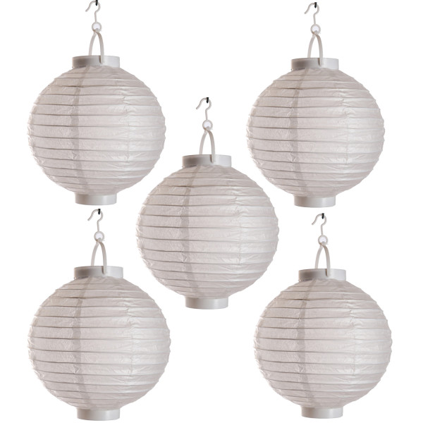 LED Lampion - kaltweiße LED - D: 30cm - Montagehaken - Batteriebetrieb - weiß - 5er Set