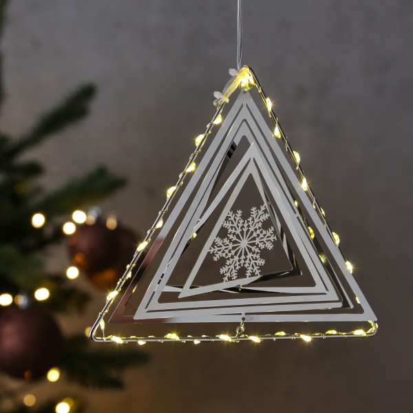 LED Dreieck mit Schneeflocke - 3D Dekohänger - 30 warmweiße LED - H: 16,5cm - Timer - silber