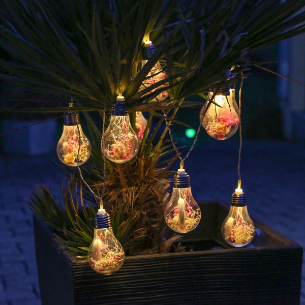 LED Lichterkette 10 Glühbirnen mit Trockenblumen - L: 1,8m - Batterieriebetrieb - Timer - für Außen