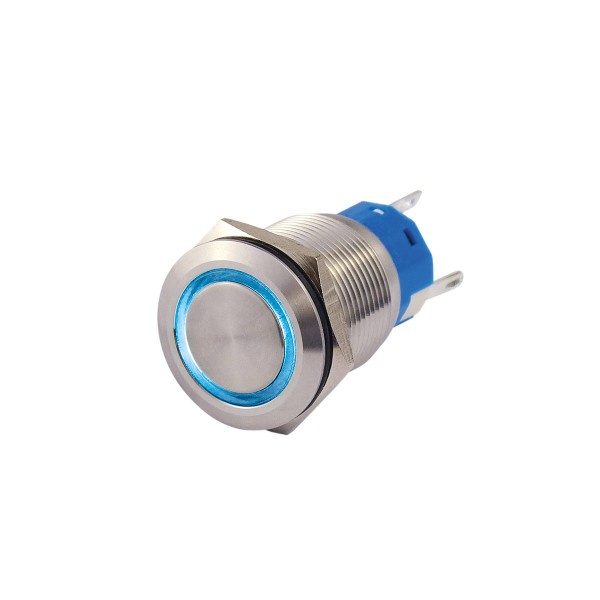 Metallschalter beleuchtet - mit blauem Leuchtring - max 230V 5A - IP67 - 19mm Einbaudurchmesser