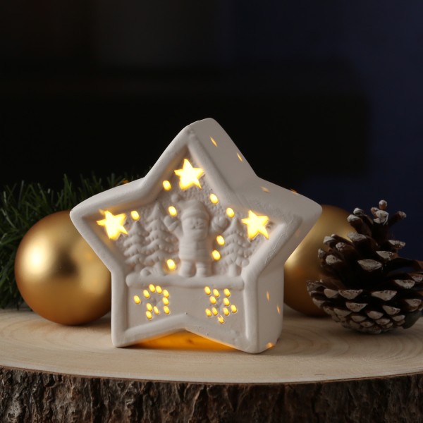 LED Dekostern NIKOLAUS - Keramik - weihnachtliches Motiv - warmweiße LED - 10,5cm - Batterie - weiß