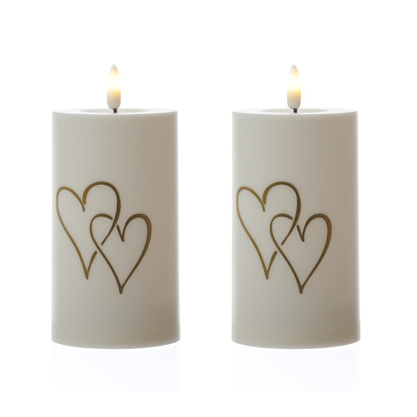 LED Kerzen goldene Herzen - Kunststoff - H: 15cm - D: 7cm - Timer/Sensor - Innen/Außen - 2er Set