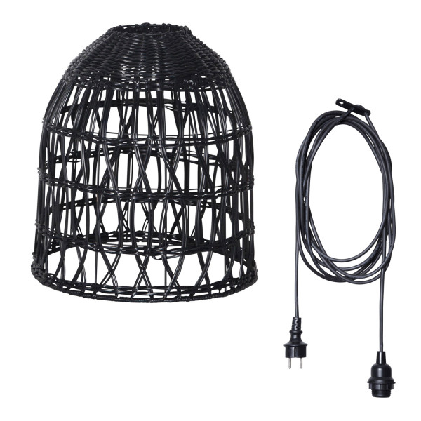 Lampenschirm BELL wetterfest - Rattan-Optik - mit E27 Kabelfassung - D: 30cm/H: 33cm - schwarz