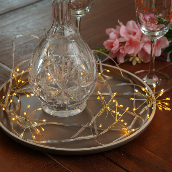 LED Lichterkette Pusteblume - Feuerwerk Blume - 90 Tautropfen LED - 9 Blüten - L: 2m - Timer - gold