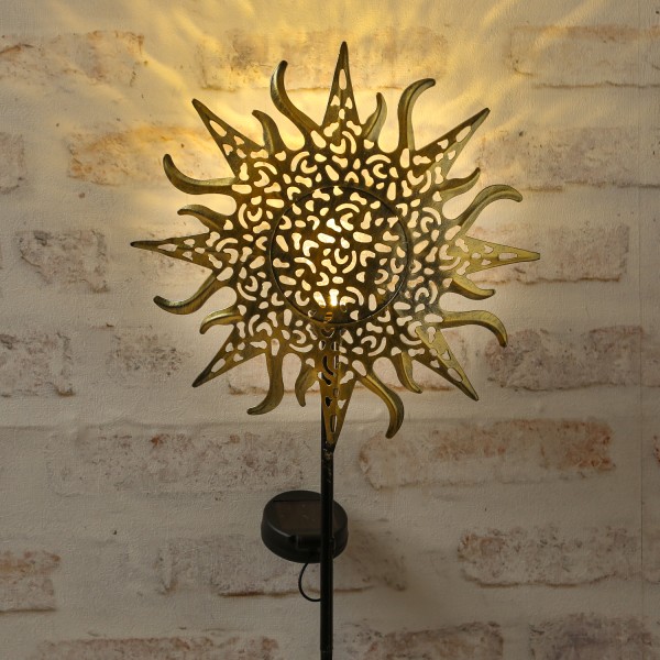 LED Solar Gartenstecker Sonne - warmweiße LED - H: 82cm - Lichtsensor - gold