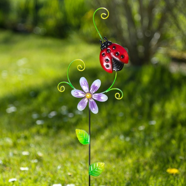 Gartenstecker Blume und Marienkäfer - Beetstecker - Metall - H: 62cm - für Außen - rot/lila/grün