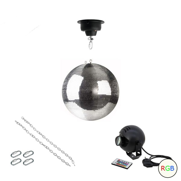 Spiegelkugel Komplettset 30cm mit Motor, 9W LED Pinspot (RGB) und Montagematerial PREMIUM