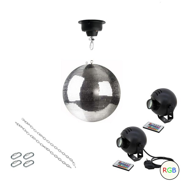 Spiegelkugel Komplettset 30cm mit Motor, 2 x 9W LED Pinspot (RGB) und Montagematerial PREMIUM