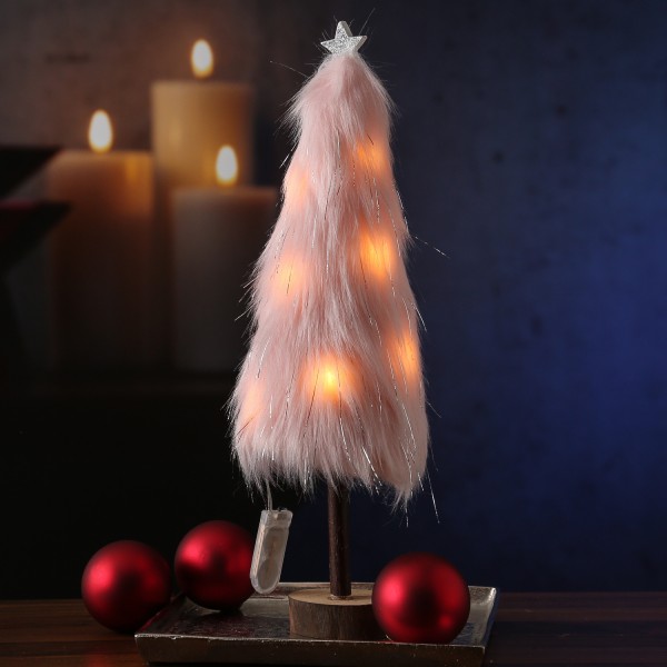 LED Dekobaum PLÜSCH mit Sternspitze - Plüschfell - 14 warmweiße LED - H: 36,5cm - Batterie - rosa