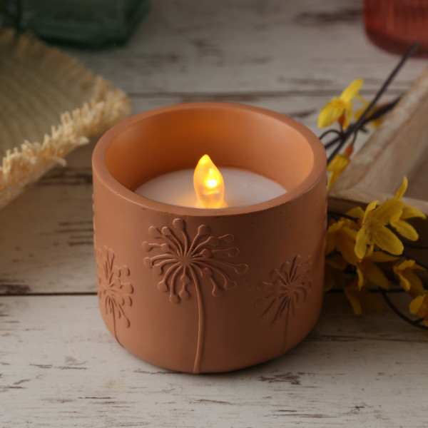 LED Solar Windlicht PUSTEBLUME - flackernde Flamme - Lichtsensor - H: 8cm - für Außen - terracotta