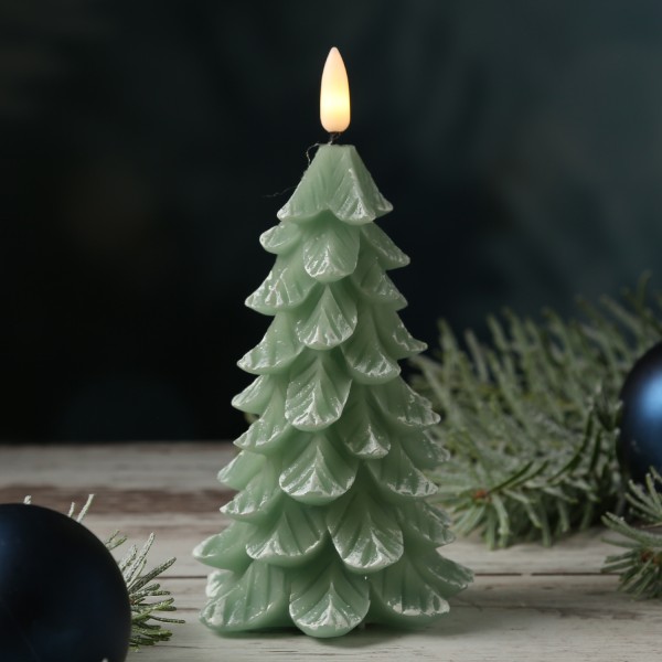 LED Kerze Tannenbaum - Echtwachs - warmweiße 3D Flamme - H: 16cm - Timer - grün