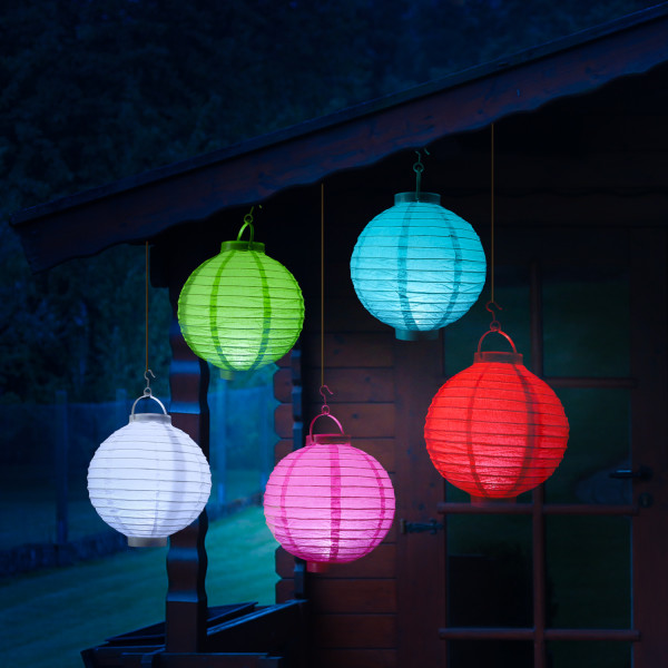 LED Lampion - kaltweiße LED - D: 20cm - Montagehaken - Batteriebetrieb - 5er Set bunt