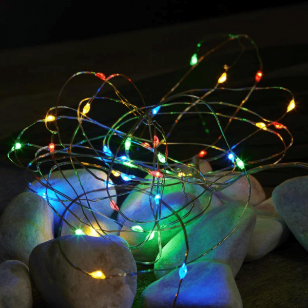 LED Drahtlichterkette "Dew Drop" - 40 bunte LED - silberner Draht - 4m - Batteriebetrieb - Timer