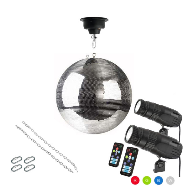 Spiegelkugel Komplettset 40cm mit Motor, 2 x 9W LED Pinspot (RGB) und Montagematerial PROFI