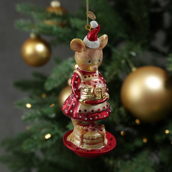 Weihnachtsbaumschmuck Mäuschen mit Pfannkuchen - Christbaumschmuck - Glas - H: 15cm - rot