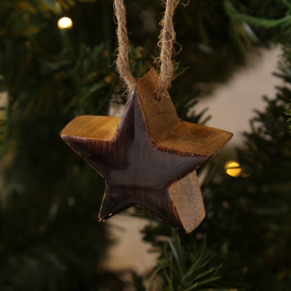 Holzstern - Dekostern - Mangoholz - mit Kordel - einseitig emailliert - H: 5,5cm - natur, schwarz