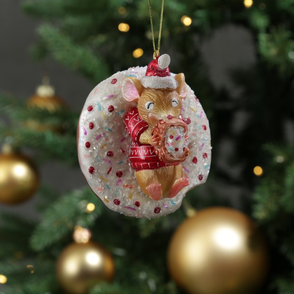 Weihnachtsbaumschmuck Mäuschen mit Donut - Christbaumschmuck - Glas - H: 10cm