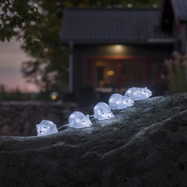 LED Lichterkette Acryl Mäuse - 5 Leuchtfiguren - 40 kaltweiße LED - Trafo - für Außen