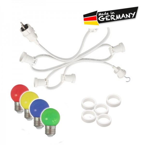 Illu-/Partylichterkette 20m - Außenlichterkette weiß - Made in Germany - 20 x bunte LED Kugellampen